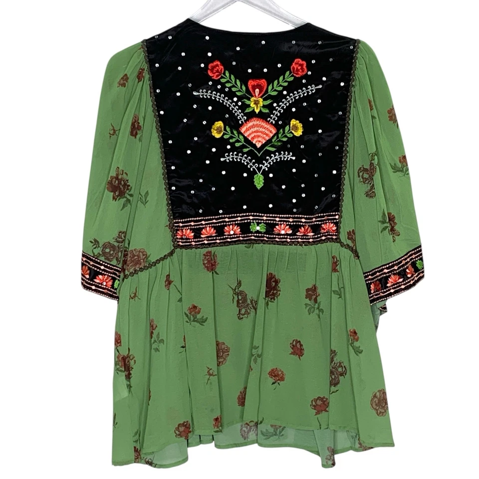 Wayward Fancies XL Floral Embroidery Print Georgette Peplum Top Boho eShakti - Image 2 of 4