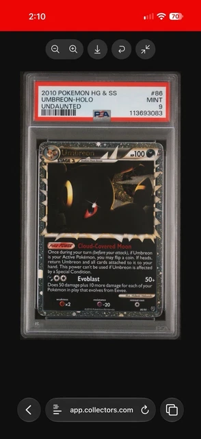 2010 POKEMON HEARTGOLD & SOULSILVER UNDAUNTED PRIME #86 UMBREON-HOLO PSA 9