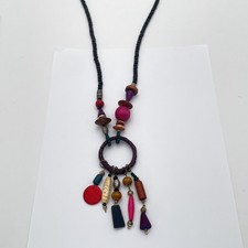Boho Beaded Pendant Necklace Multicolor Wood Tribal Statement Black Cord 20 Inch