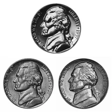 1957 P D P Jefferson Nickel  Year set Proof & BU  3 Coins