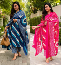 Lahriya Printed Cotton Kurti Pant Dupatta Set Indian Bollywood Ethnic Kurta Set