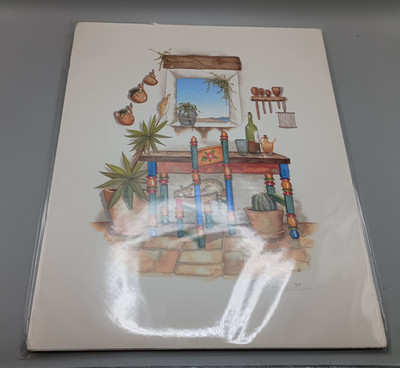 SIGNED Carol Jean Green Watercolor Print Cat Desk Cactus 8x10