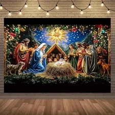 2D Flat, 1pc Large Nativity Scene Banner - Self-Lit Nativity Manger Backdrop wit