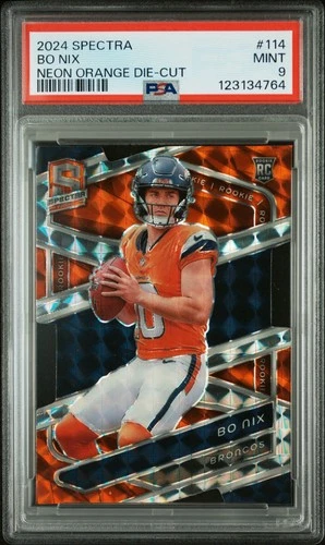 2024 Panini Spectra - Rookies Bo Nix #114 Neon Orange Prizm Die-Cut /15 PSA 9