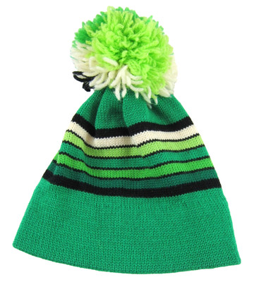Vintage Roasty Toasty 100% Wool Green Black Ivory Stripe Pom Pom Beanie Hat OS
