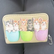 Cat Print Zip-Around Wallet for Women, Credit Card Folding, Beige Multicolor