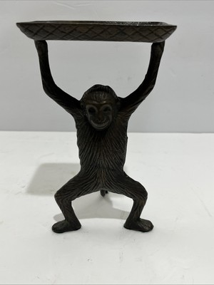 VINTAGE MCM Bronze Metal Monkey Ape Chimpanzee Business Card Tray Dark Academia