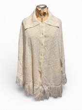 Cream Button-Up Vintage Knit Poncho Cape with Fringe Hem