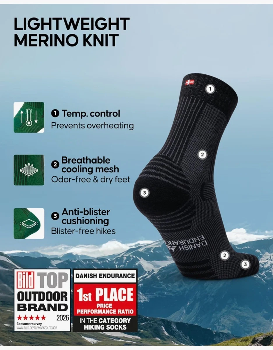 Calcetines de Senderismo DANISH ENDURANCE, Lana Merino Ligeros Anti Blister Paquete de 5 Reino Unido 9-12 Nuevos
