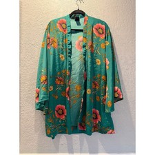 Teal Floral Kimono Cardigan M L Lightweight Open Front Bohemian