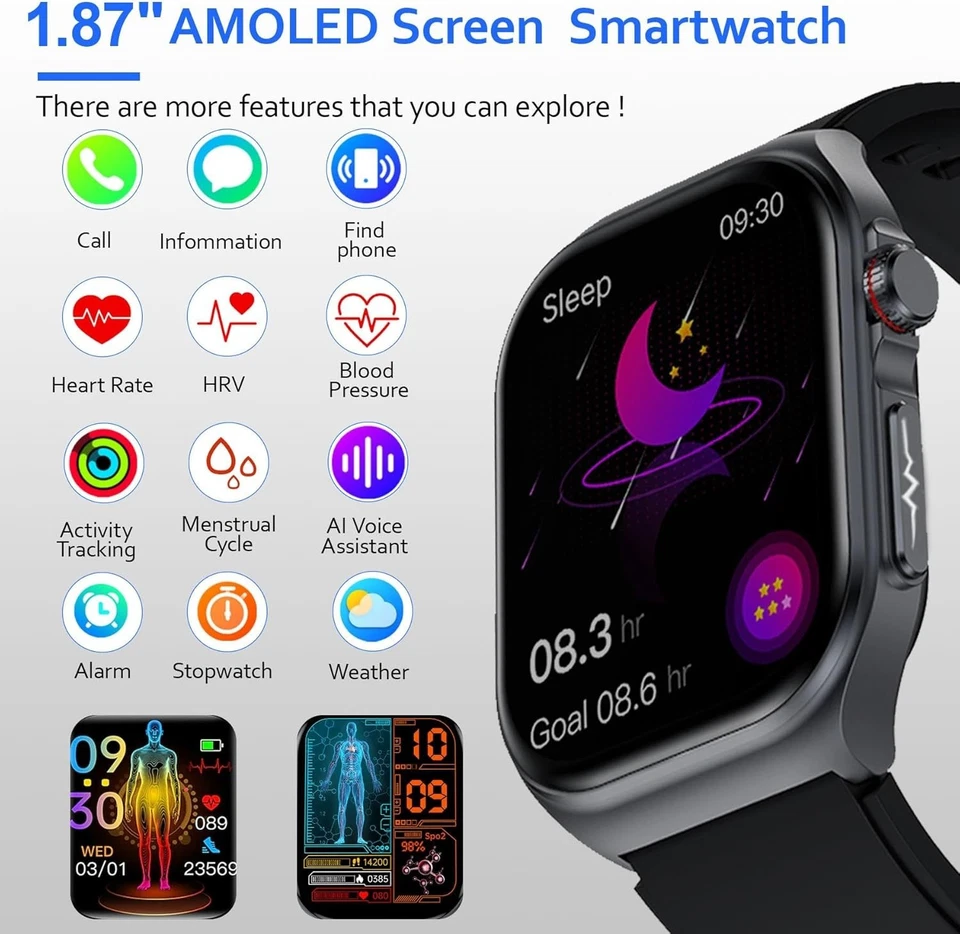 Men Women Smartwatch - 1.87'' Screen, Calls, Fitness Tracker - Image 4 of 4