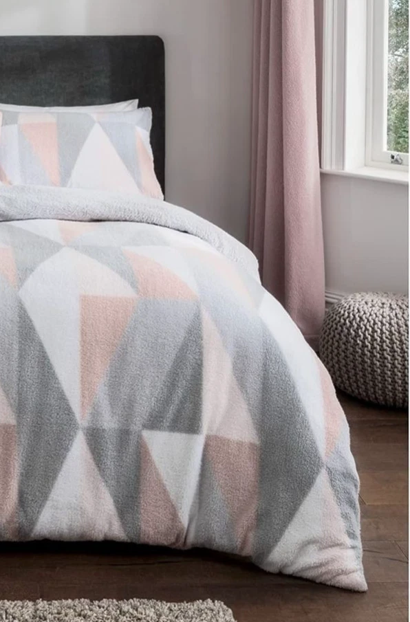 Teddy Fleece Duvet Cover Set Geo Triangle Blush Pink Soft Warm Winter Bedding UK - Image 3 of 4