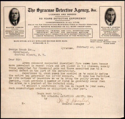 1921 NY - Syracuse Detective Agency William O'Brien William E Husted Letter Head