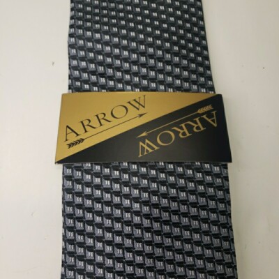 NWT NEW Arrow Men's Necktie  Black & Gray Checkered Pattern - 100% Imported Silk