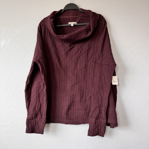 NWT Free People Large Burgundy Waffle Knit Cowl Neck Open Back Long Sleeve Top - 第 1/8 張圖片