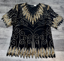 Vintage 70s Silk Blouse Womens Large Black Gold Sequin Top Evening Cocktail