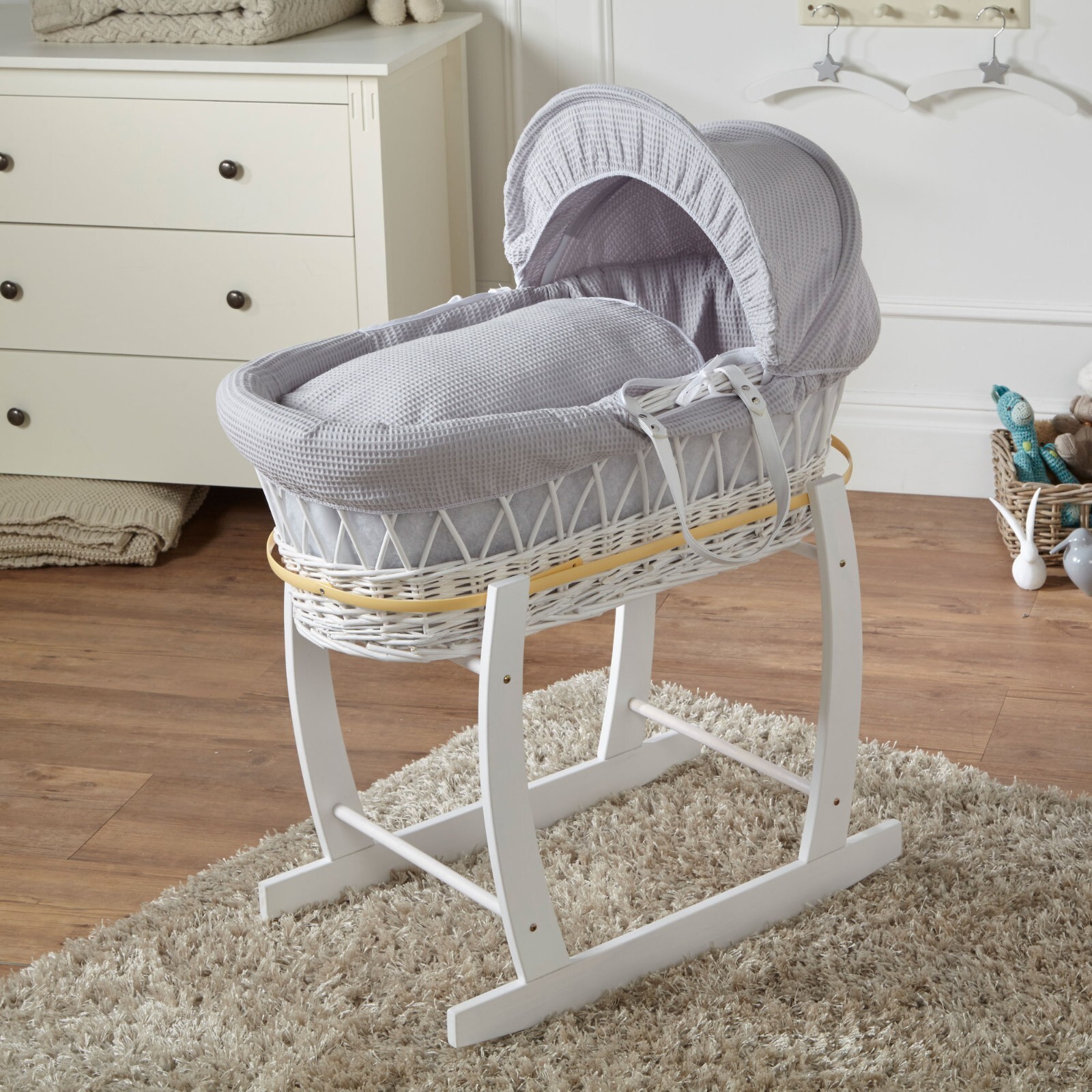 Baby Moses Basket With Stand Grey Waffle Bedding and Mattress White Wicker