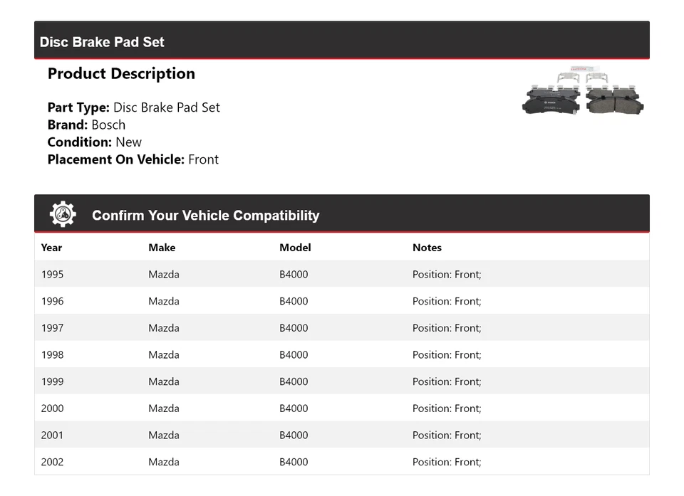 For 1995-2002 Mazda B4000 Bosch QuietCast Semi-Metallic Brake Pads Front 1996 - Image 2 of 4