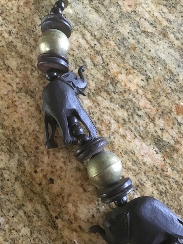 Vintage Bohemian Exotic Elephant Hand Carved Large Wood Brass Bead Necklace 33” - Picture 3 of 6
