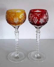 Pair Ajka Marsala Yellow and Ruby red Lead Crystal Wine Hock Glasses Marked 