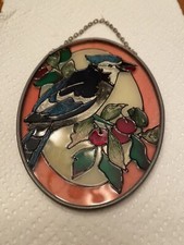 VINTAGE STAINED GLASS SUNCATCHER BLUE JAY BIRD WITH BERRY