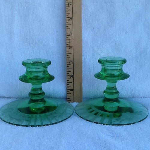 2 Vintage Green Depression Glass Candle holders Etched Base (Item 40) eBay