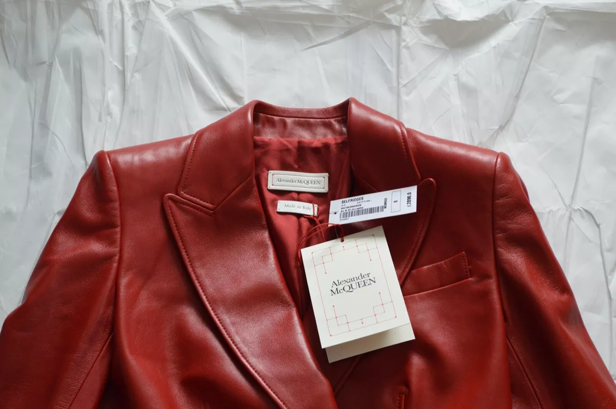 Alexander McQueen Red Leather Double Breasted Jacket Coat Womens