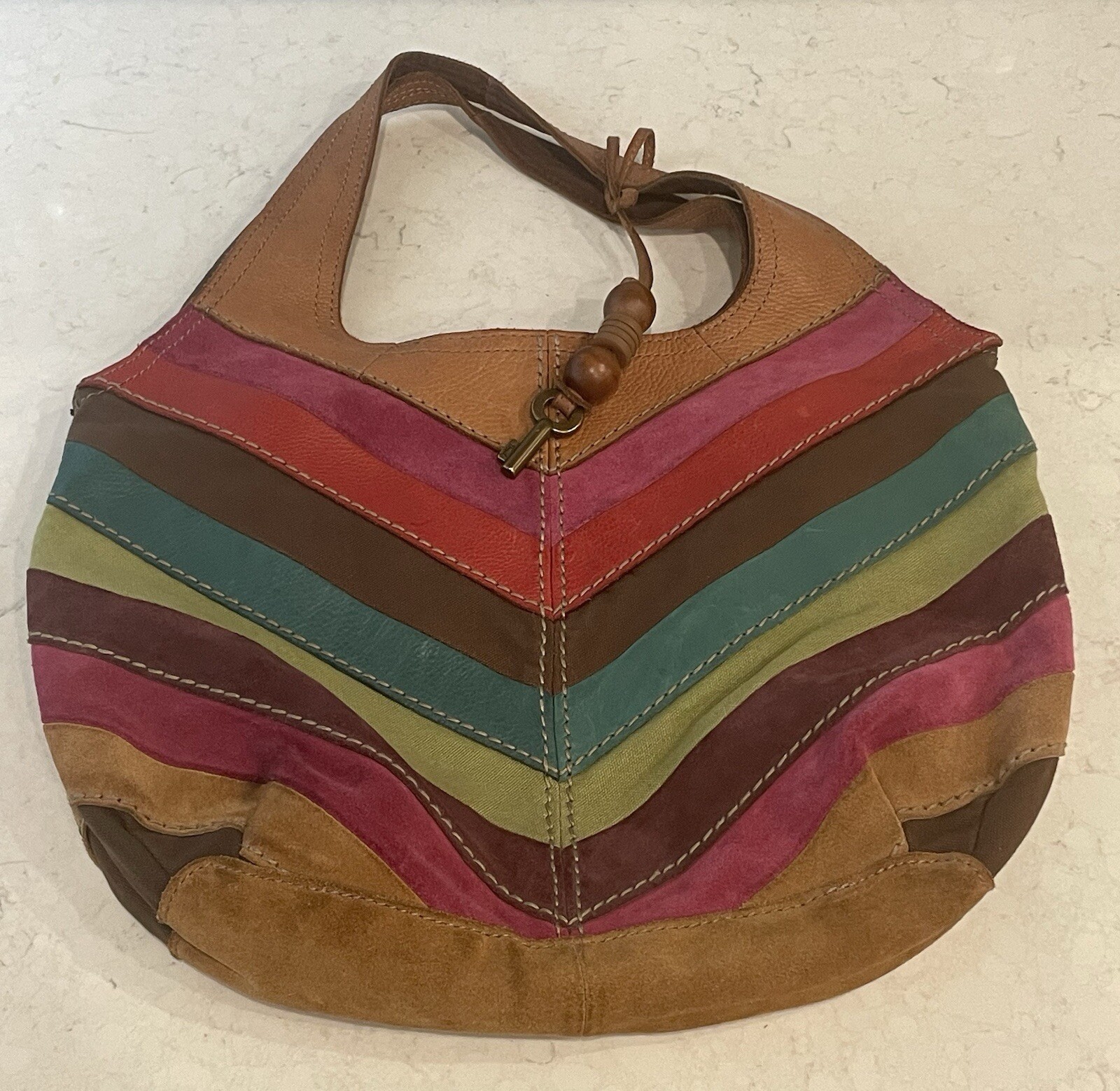 Fossil Multicolor Patchwork Leather Suede Hobo Sh… - image 1