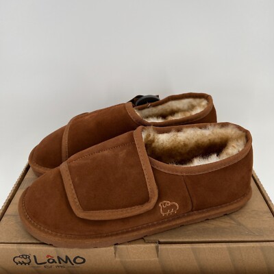 Lamo Men's Sheepskin Wrap Bootie Slippers sz L/10-11 Chestnut-Tan Wool Lined NEW