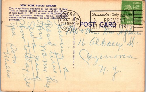 Public Library Fifth Ave and 42nd Street 1954 NYC NY Vintage Postcard HH1 - Picture 2 of 2