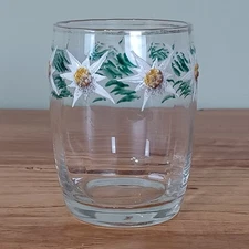 Hand Painted Stemless Drinking Glass Floral Juice Tumbler 3.75” Flowers Vintage