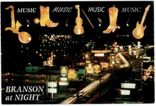 Missouri Branson at night time lapse fiddle guitar banjo boots ~ postcard sku897