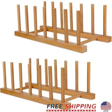 Bamboo Plate Rack Dish Organizer Set of 2 Kitchen Storage Solution Multi-use New