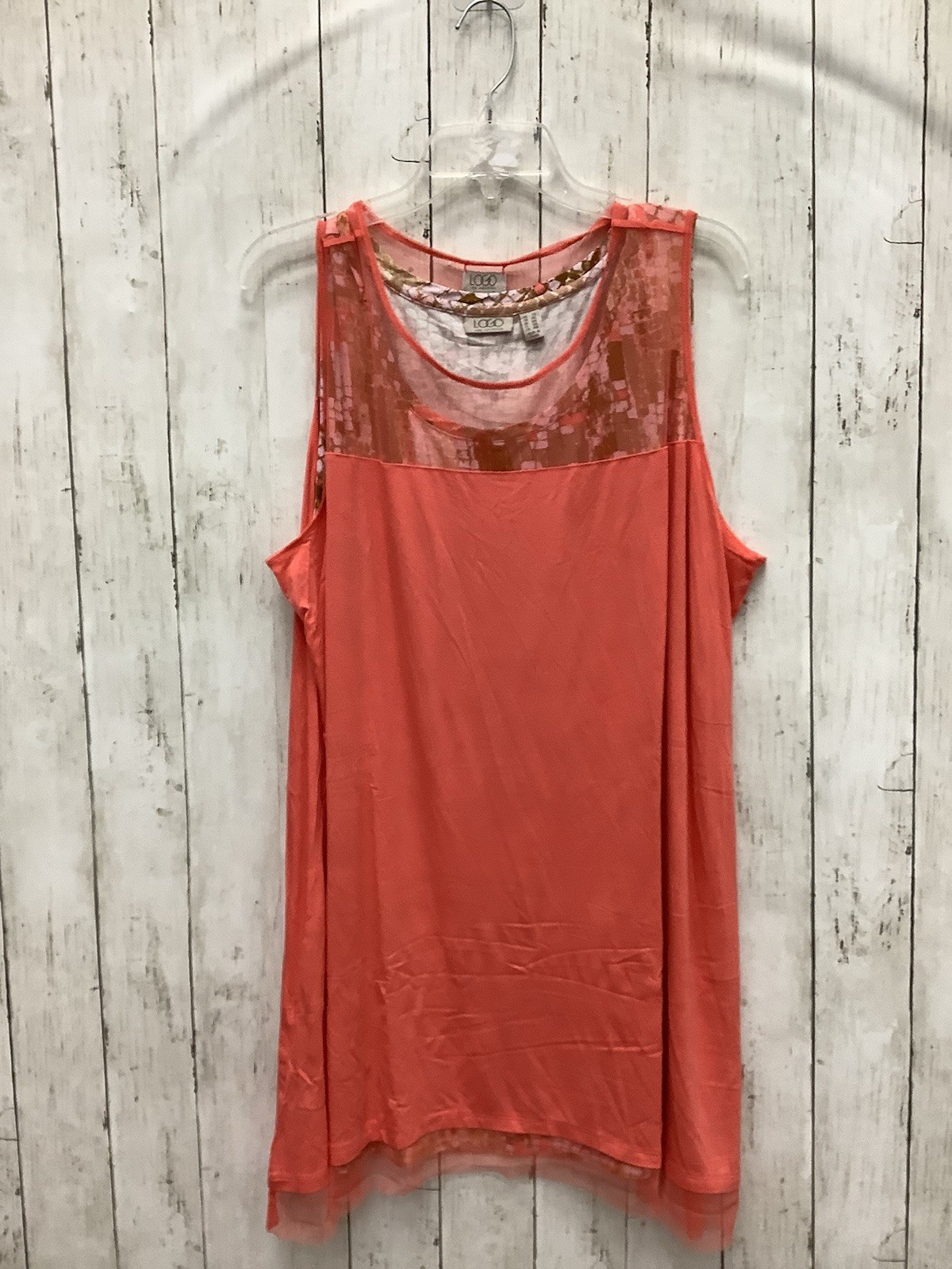 LOGO by Lori Goldstein Rayon Tank w/ Mesh & Print Knit Twin Top, Peach, Size 2X