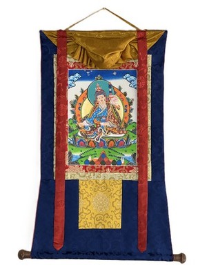 HAND-PAINTED GURU RINPOCHE PADMASAMBHAVA TIBETAN THANGKA ART WITH SILK BROCADE