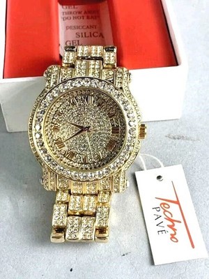 Techno Pave Men's 45mm Iced Out Diamond Watch with Roman Dial Crystal 14k Tone