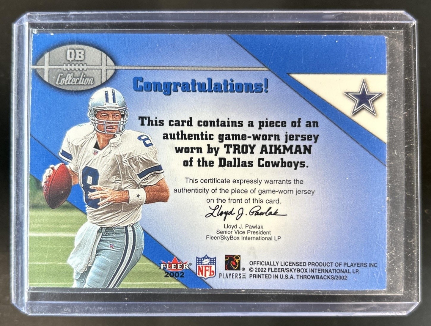 2002 Fleer Throwbacks Troy Aikman QB Game Used Jersey Cowboys view 2