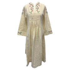 VTG 70s Butterfly Floral Embroidered Kaftan Dress Womens Cream Boho Festival S/M