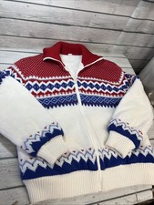 Vtg Fair Isle Sweater Ski Coat Jacket Nordic Sherpa Lined Zip Up Large 16/18
