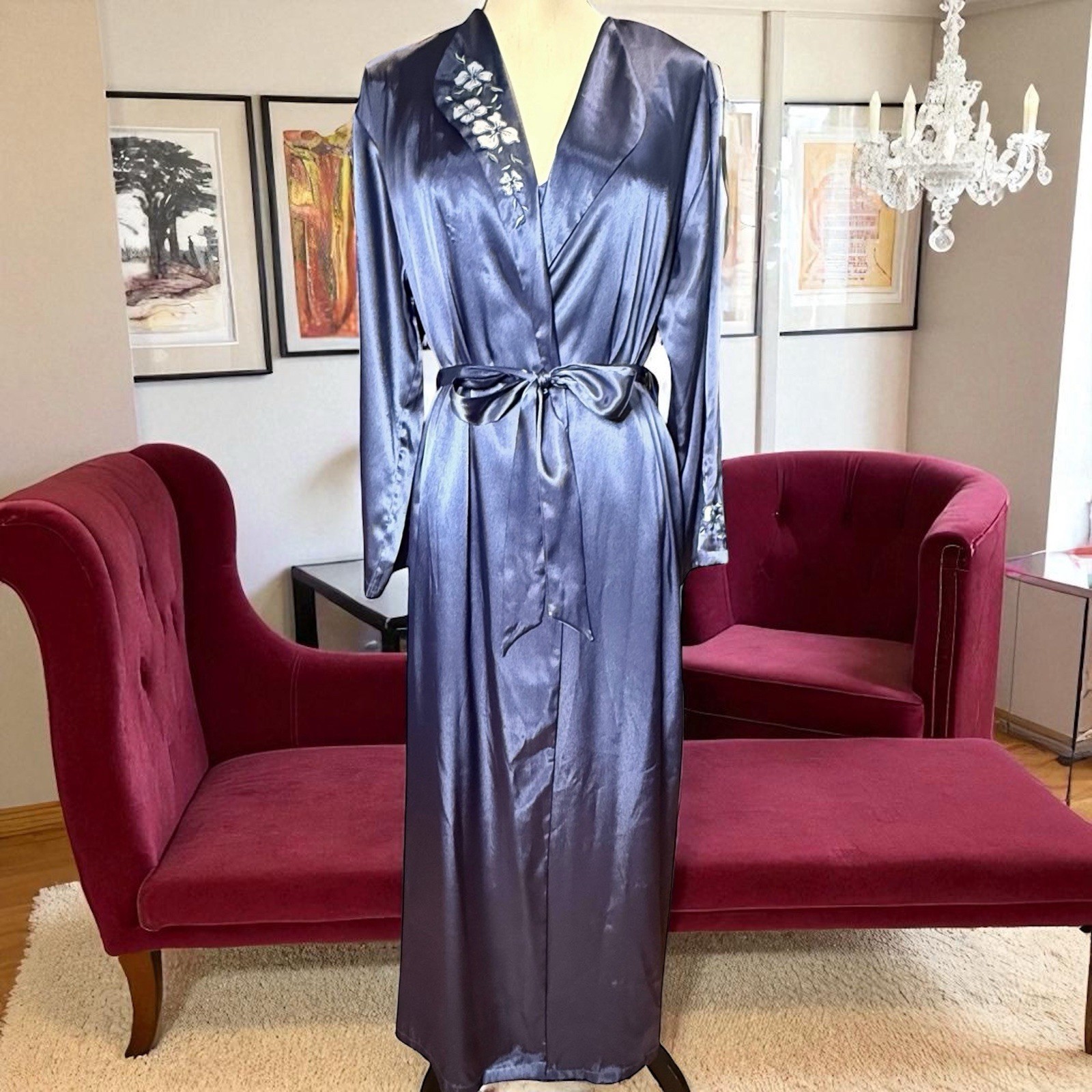 VTG 90s Jones New York Satin Robe & Nightgown Set Embroidered Floral Blue Medium