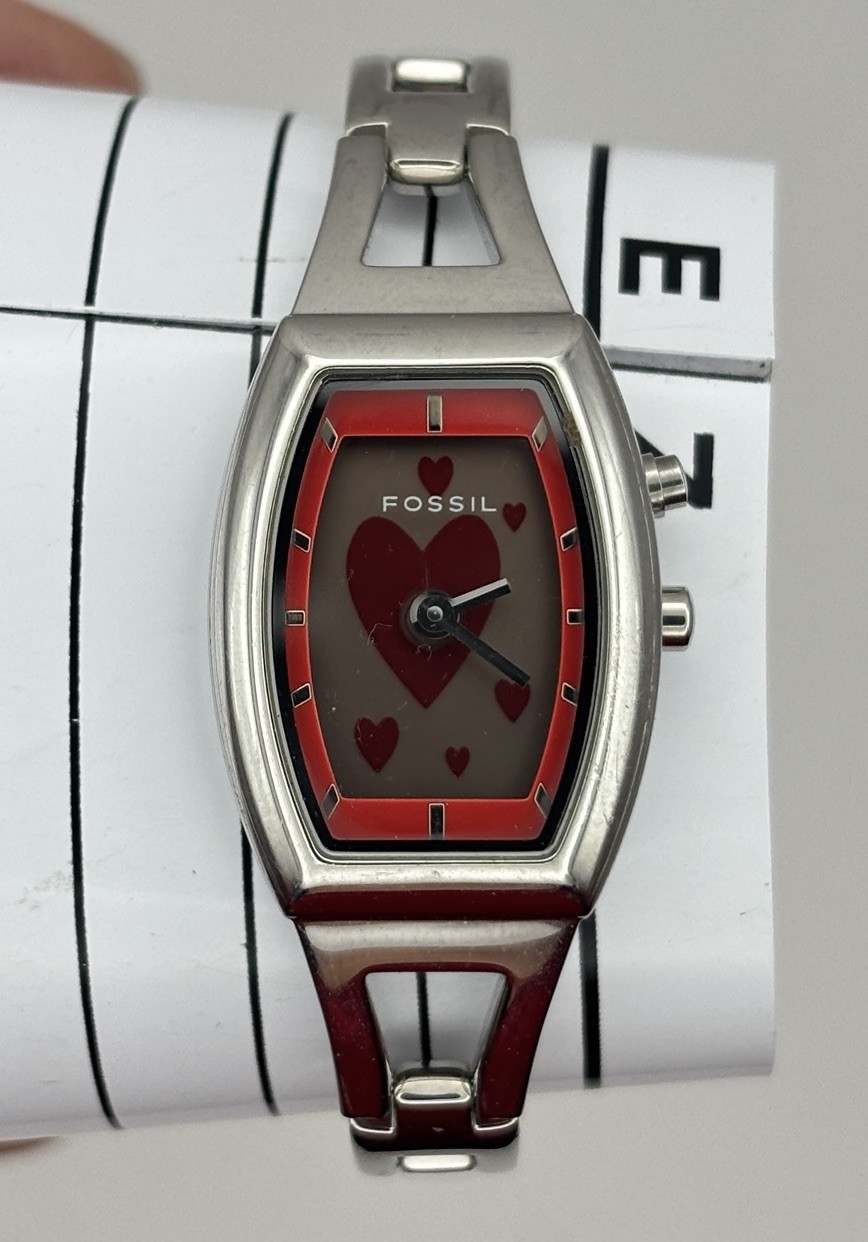 Fossil Big Tic Watch Women Silver Tone Heart Animation ES-9566 #9.14 WORKS