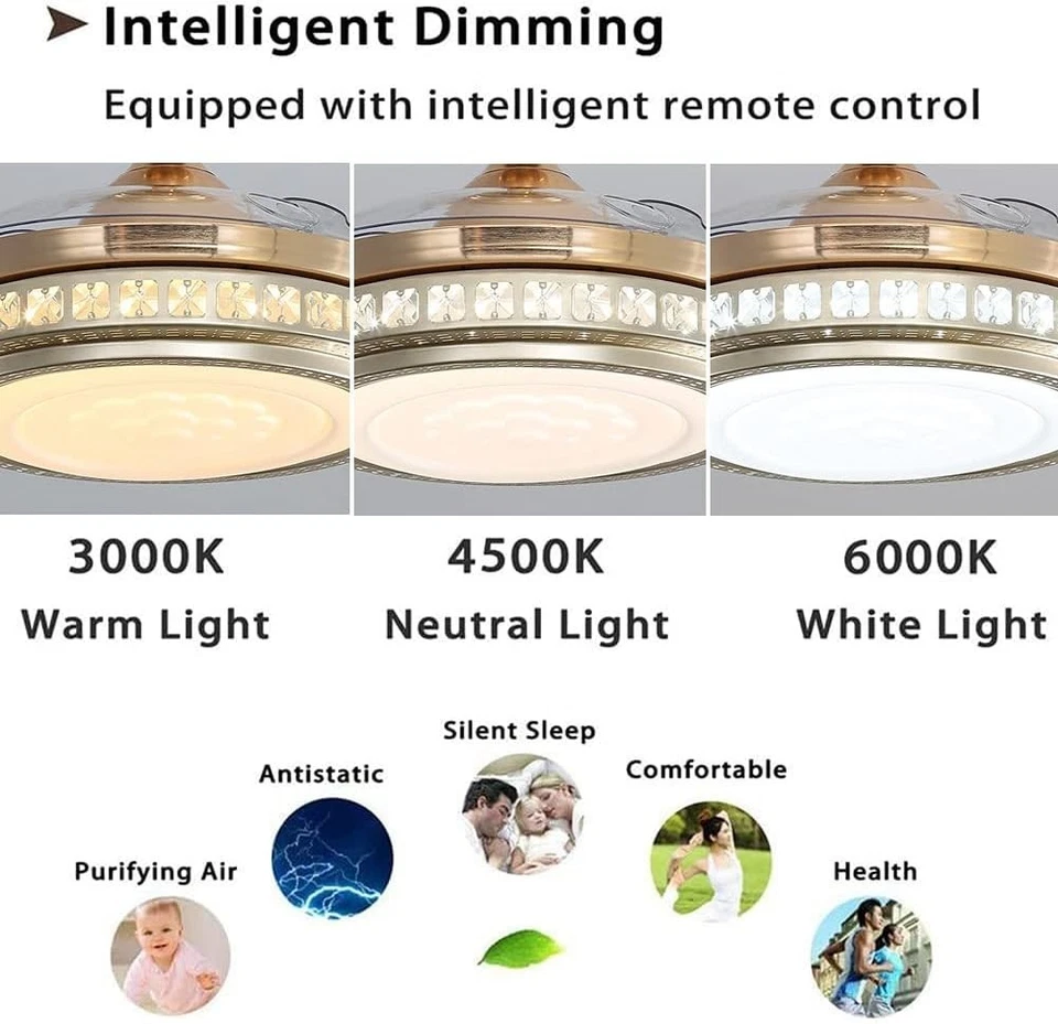 Warmiehomy 42" Ceiling Fan with Lights Retractable Blades 36W LED Gold - Image 3 of 4