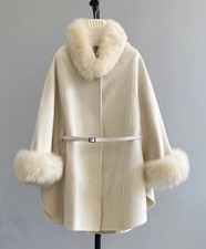 Women's Brand New Ivory Cream Cashmere Wool Cape Cloak Jacket Coat Fox Fur