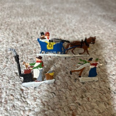 3 Vintage Hans Heinrichsen Germany Cast Figures Winter Scene Sleigh Couple Stove