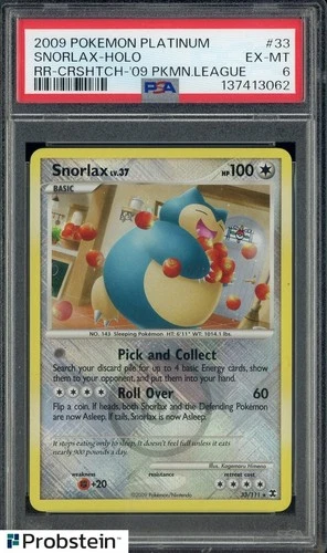 2009 Pokemon Platinum RR-CRSHTCH '09 PKMN LGUE. #33 Snorlax Holo PSA 6 EX-MT