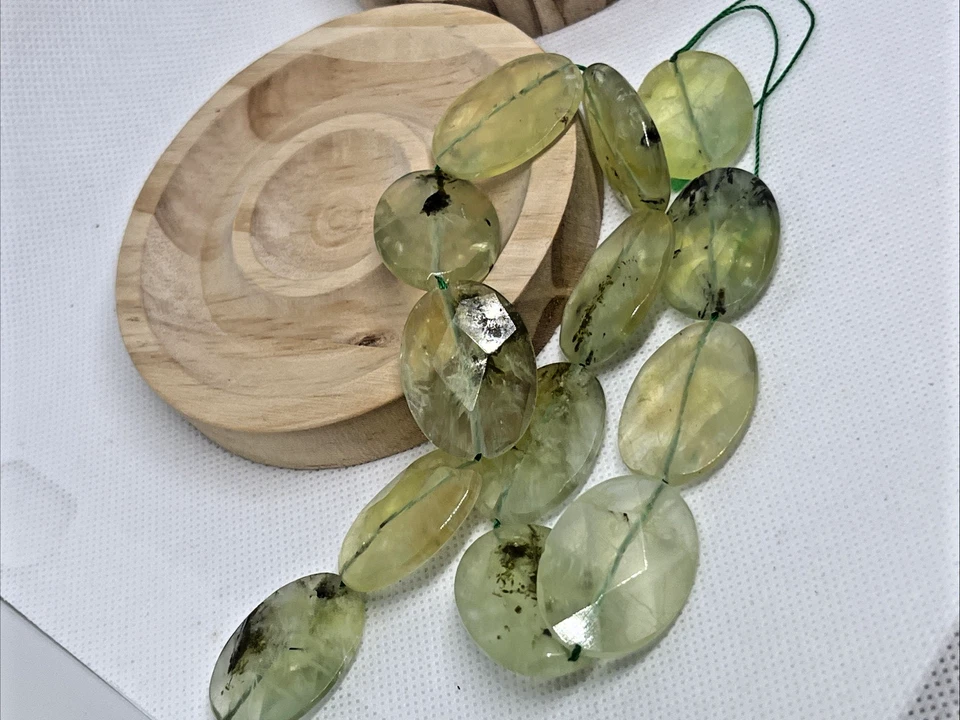 Prehnit Perlen Oval Facettiert Mit Loch 13 Stück 30 mm Edelstein Kristall DIY - Bild 4 von 4