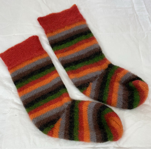 Vintage Handknited Wool Socks Medium Slippers Bright Striped Thick Rough Edges