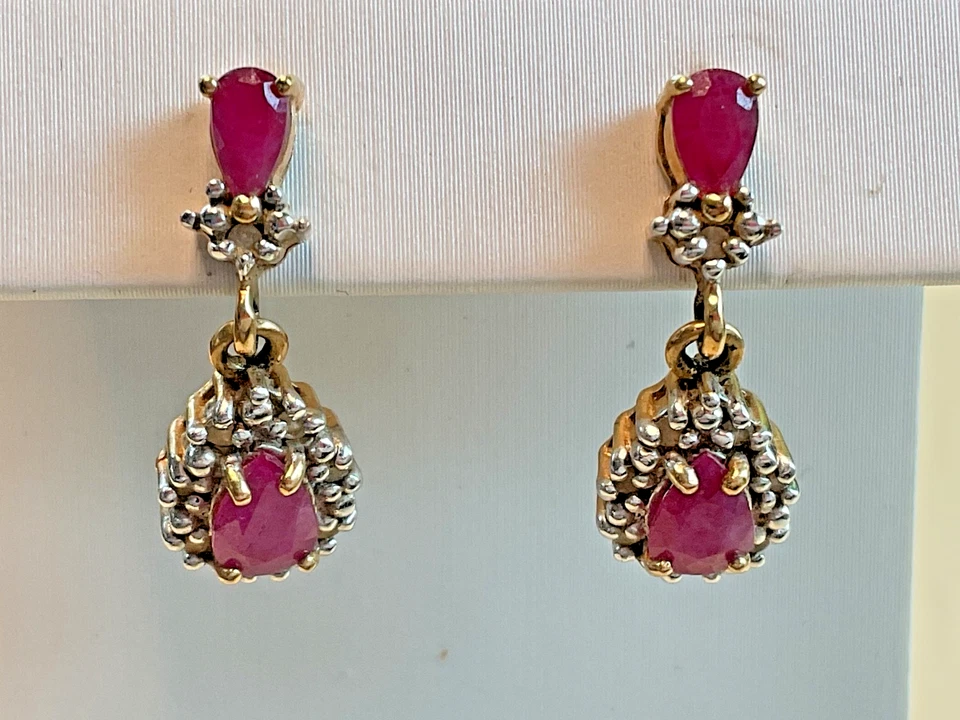 10K Gold Ruby & Diamond Cluster Drop Earrings – Pear Dangle 3.16g - Image 2 of 4