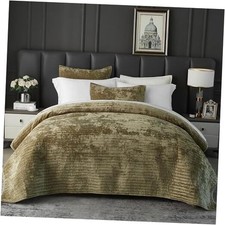 Velvet Quilt Size Luxurious Velvet Coverlet Bedding Set Queen Olive Green