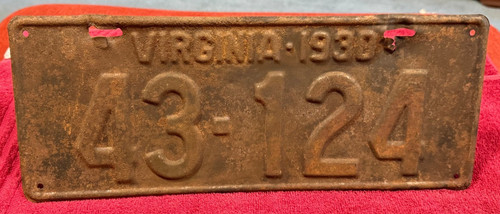 1930 Virginia license plate 43 - 124 GREAT FOR RESTORATION FORD MODEL A